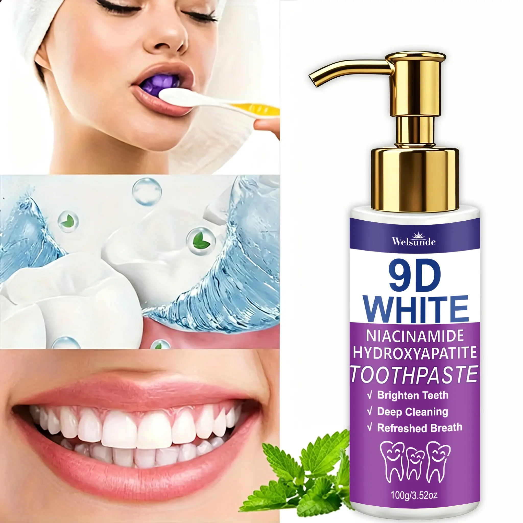 Welsunde 9D White Pump Toothpaste Fluoride-Free, Niacinamide & Hydroxyapatite, Natural Gentle Care, Stain Removal, Deep Clean, Mint Vanilla Fresh Breath, Gum Protection, Purple Enamel Neutralizer, Super Probiotic, Daily Oral Cleansing Pump Bottle improves