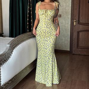 Floral Print Sleeveless Cami Maxi Dress Women's 2026 Summer & Fall Holiday Vacation Outfit Bodycon Wear Spaghetti Strap Lace Tie Front Dresses for Girl‘s Party Club Dating Casual Elegant Dress summerwins