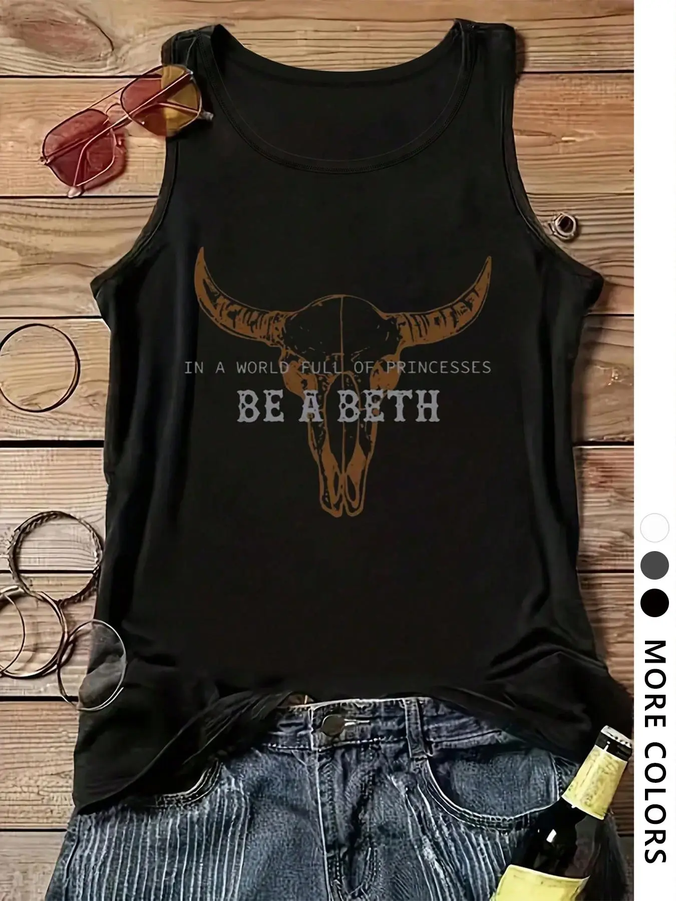 Women's Vintage Cow Head Skull Graphic Fitted Tank Top, Casual Beach Tank, Casual Boho Sleeveless Style Top for Summer, Ladies Clothes for Daily Wear, Casual Fashion Sleeveless, Womenswear, Socks