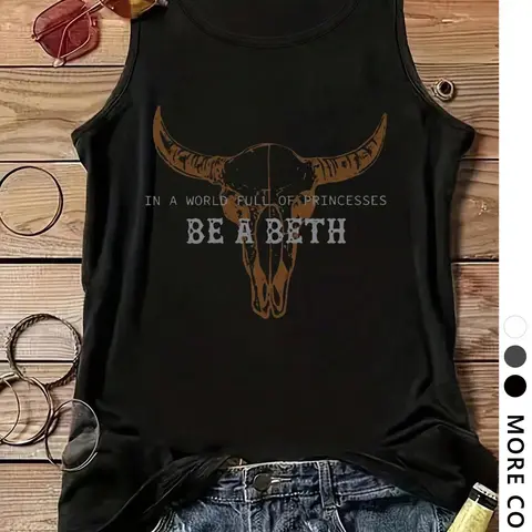Women's Vintage Cow Head Skull Graphic Fitted Tank Top, Casual Beach Tank, Casual Boho Sleeveless Style Top for Summer, Ladies Clothes for Daily Wear, Casual Fashion Sleeveless, Womenswear, Socks