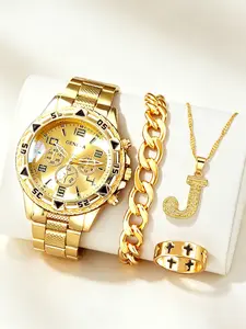 Trendy Steel Band Men's Quartz Movement Watch Set with Pendant Necklace Bracelet Ring, Accessory Set, Digital Dial Design, Perfect Birthday Gift, Trendy Jewelry Set