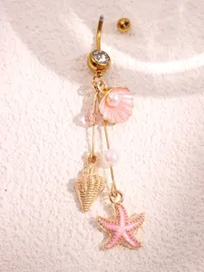 1pc Fashion Casual Elegant Sexy Beach Resort Ocean Style Shell, Starfish, Conch Pink Belly Button Rings Body Jewelry For Women, Suitable For Beach/Holiday