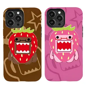 Domo-kun Strawberry-Themed Cute Cartoon Phone Case — Compatible with iPhone 11–17 Pro Max/Plus Series and Samsung Galaxy S23–25 Series; Featuring a Sweet Berry Style in Soft Pink and Vivid Red.