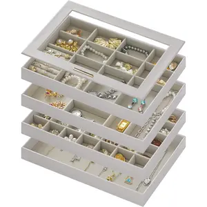 Large Jewelry Organizers and Storage Box , 4 Layers Stackable Jewelry Organizer Trays Clear Lid Cover for Drawers, Jewelry Boxes for Women, Stacker Jewelry Display Case, Jewelry Inserts for Drawers Black