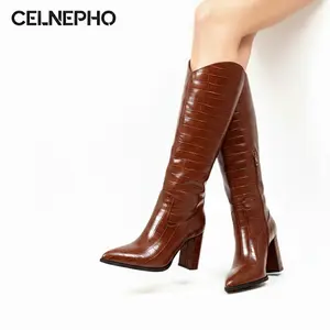 CELNEPHO Womens Tall Boots Pointed Toe Crocodile Booties Side Zipper Closure Knee High Boot Easy Pull on Chunky Block Heel Party Wear Fashion Boots Work Outdoor Events Dress Shoes