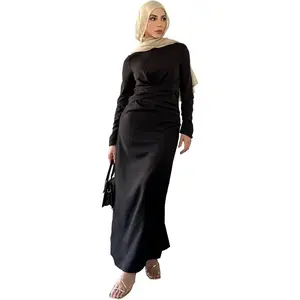 Women Abaya Dress Muslim Winter Dress Islamic Waistband Robe Long Sleeve Prayer Gown
