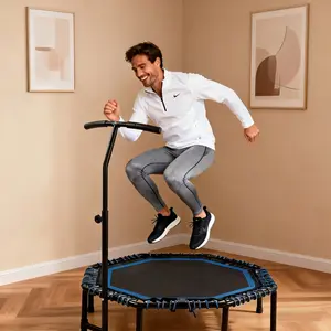 48 Inch Foldable Fitness Trampoline with Adjustable Handlebar for Adults, Max Load 450lbs,With Durable Bungee Ropes,Stable & Quiet, Rebounder for Cardio & Strength Training, Home/Gym,Jumping Exercise