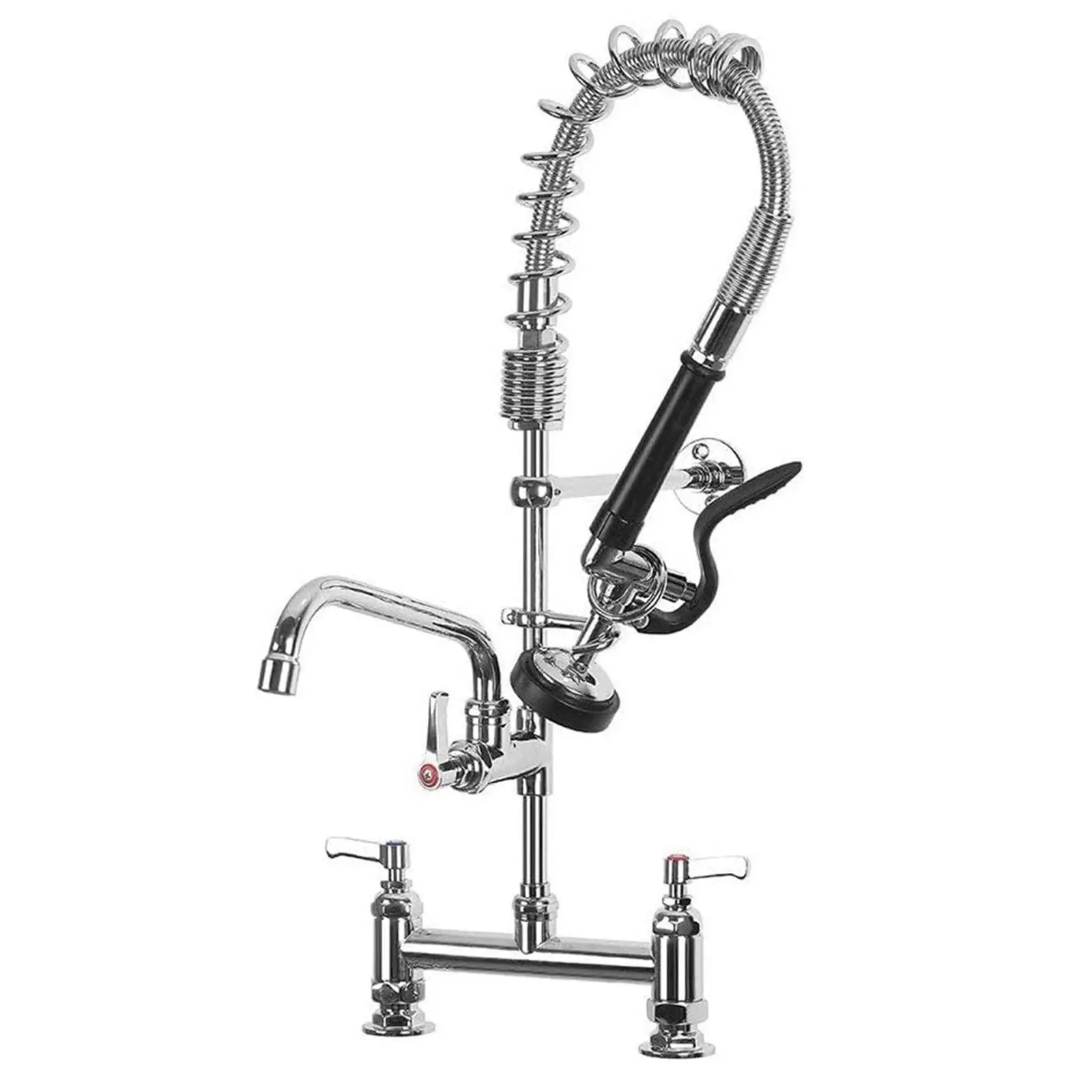 Commercial Kitchen Faucet,Deck Mount Kitchen Sink Faucet with Pre-Rinse Pull Down Sprayer, 26" Height 8 Inch Center with  10" Add-on Swing Spout Faucet & Coiled Spring Pull Down Spray