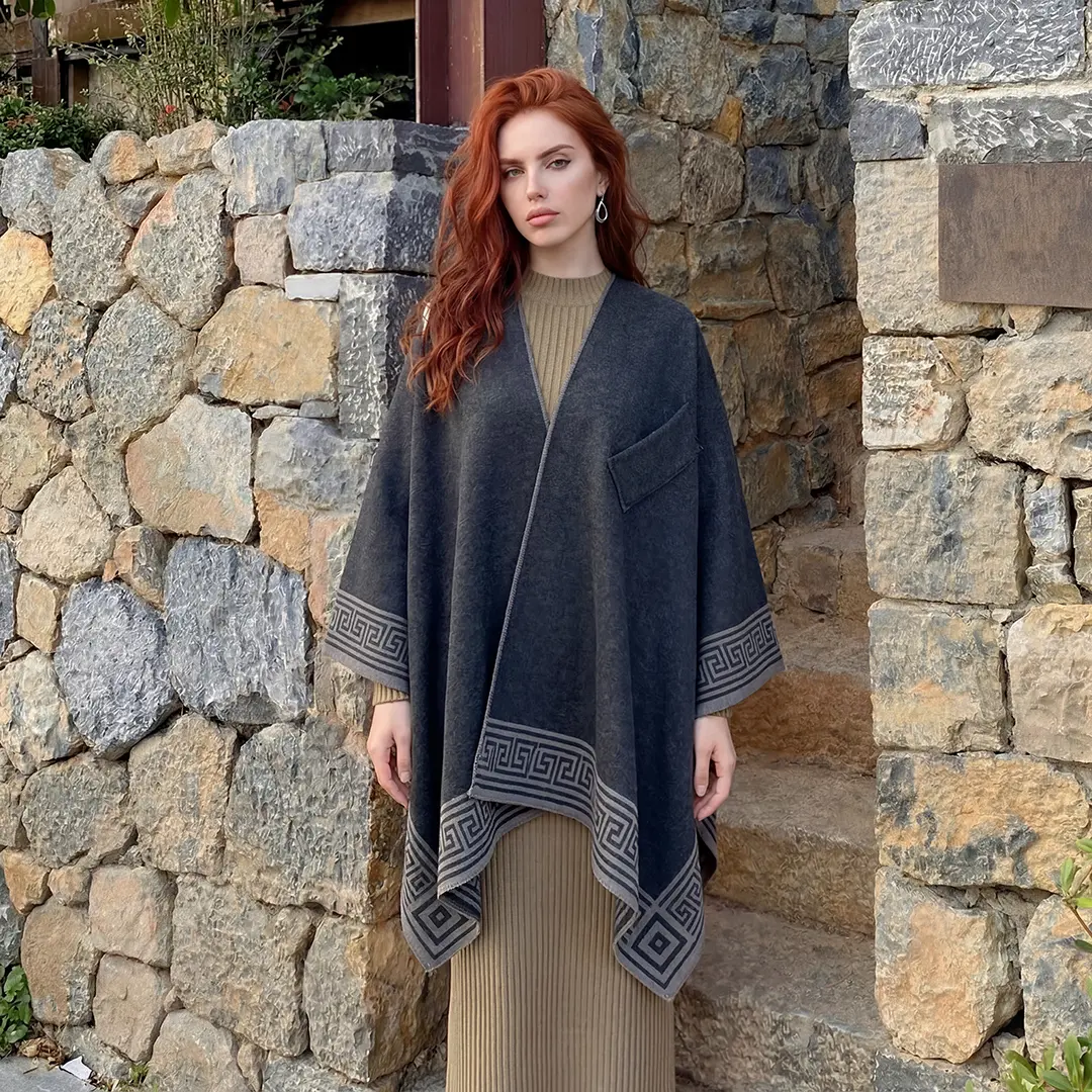 Soft Fabric Poncho Cape with Greek Key Trim, an Elegant Open Front Winter Wrap with Pocket for Layering Outfits, Poncho Outfit