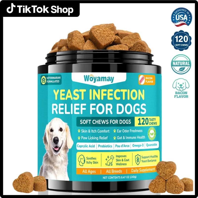 Woyamay Dog Yeast Infection Treatment, Yeast Balance Healthy for Dogs, Support Ear & Paw Odor Care, Itching Allergy Relief and Skin Health, Helps Relieve Yeast Overgrowth, 200 Chews Chicken Flavor