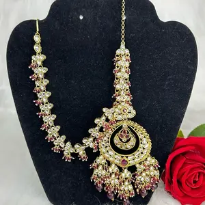 Gorgeous Statement Gold Tone Kundan Earrings with Ear Chain and Saharas - Elegant Design