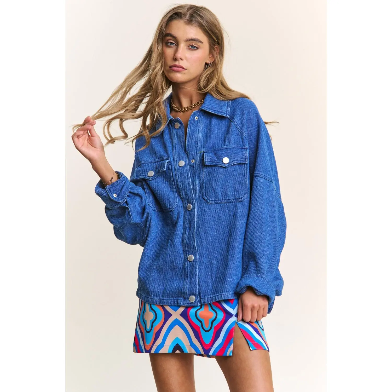 J.NNA Snap Down Long Sleeve Denim Shacket
