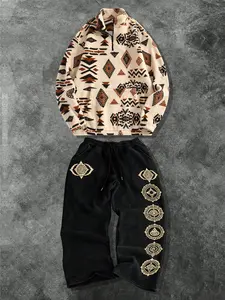 Men's Fashion Casual Two-Piece Set Outfit, Geometric Pattern Fleece Hoodie and Compass Print Wide Leg Pants, Spring Fall Winter Home Outdoor Wear