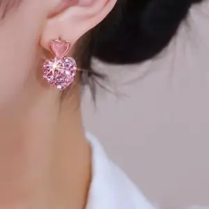 Pink Fresh Style Small Rhinestone Heart Earrings DDES0547 Elegant Light Luxury High-End Sweet Versatile S925 Silver Needle Earrings 14K Gold-Plated
