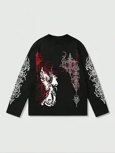 Gothic Angel & Cross Graphic Print Long Sleeve Fitted Hoodie, Bold Edgy Style, Unisex Casual Fall Winter Streetwear, Y2K Fashion, High Street Culture, Men's Gift, Couple