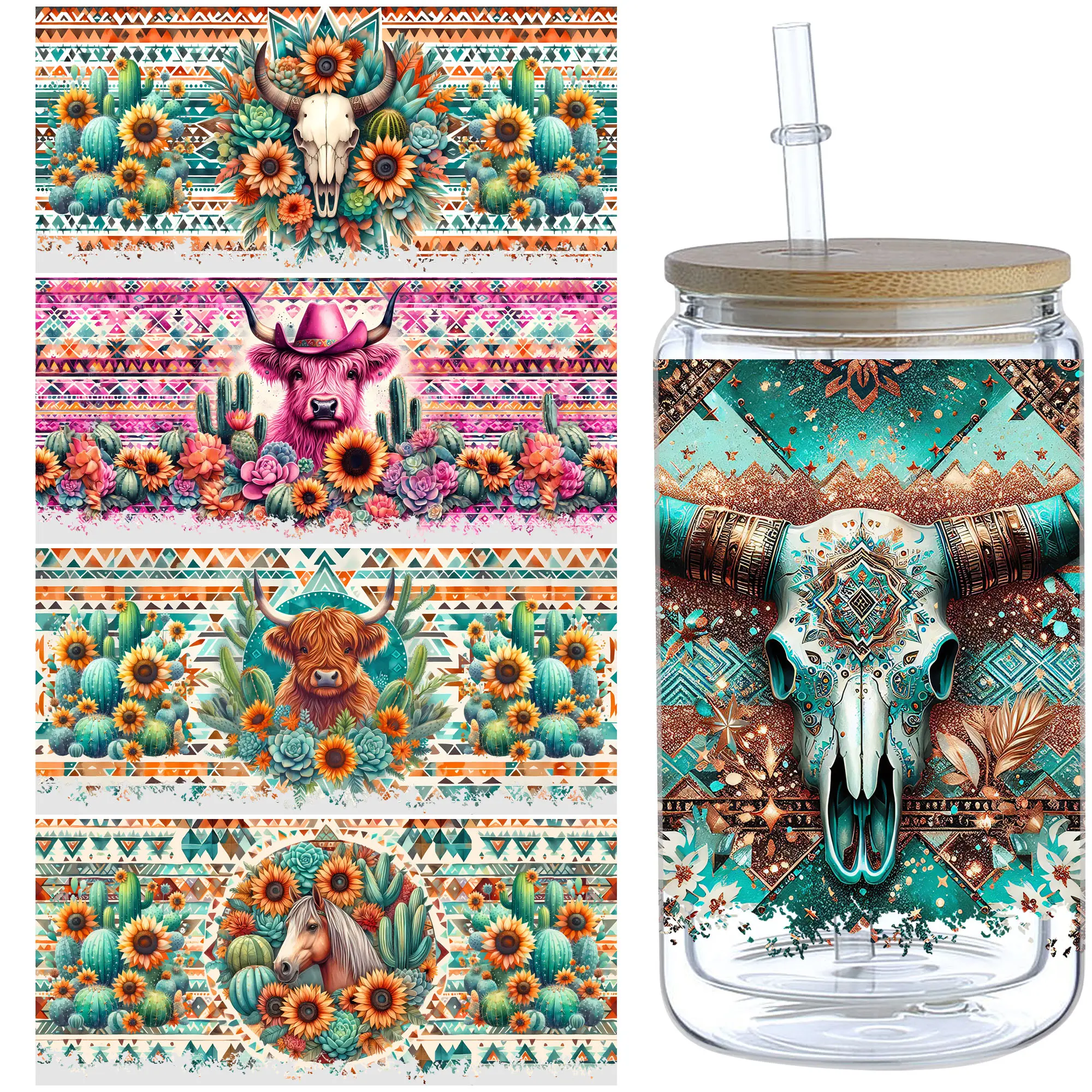 5 Sheets Aztec Animals Western Cactus DTF Cup Stickers, Glass Cup DTF Transfer Stickers, Waterproof Wipeable Transfer Paper for 16 Ounces Glass Cups, Mugs, Crafts, Furniture