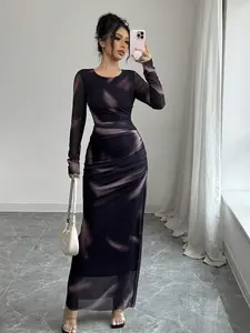 Elegant Gradient Ombre Long Sleeve Slim Fit Women's Dress, Lady Womenswear, Spring & Fall Fashion, Stylish Long Skirt, Perfect for Casual Wear