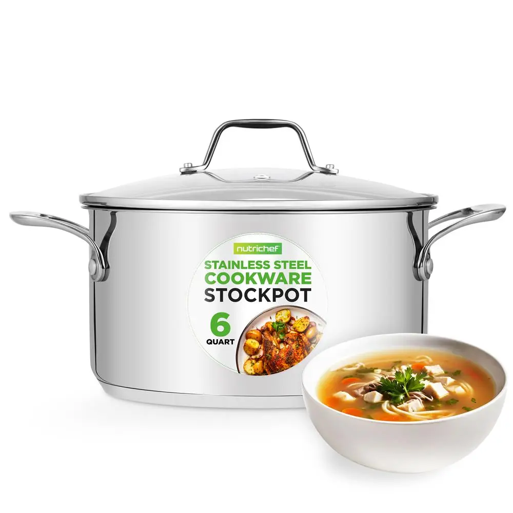 Nutrichef 6-Quart Stainless Steel Induction Stockpot - Heavy-Duty Healthy Polished Cookware with Handles, See-Through Glass Lid, Even Heat Distribution, Large Capacity for Commercial & Home Cooking, Compatible with Gas, Ceramic, Glass, Halogen Cooktops