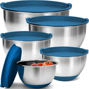 Mixing Bowls With Airtight  Set, Thicker Stainless Steel Mixing Bowl Set, Large Prep Metal Bowls with , Nesting Bowls for Kitchen, 1.5/2/3/4/5 Qrt, Blue