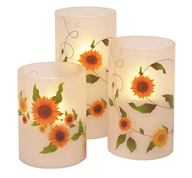 Sunflower Garden Flameless LED Glass Pillar Candles, Set of 3 Decorative Battery Operated Flickering Light Candles for Home Décor, Table Centerpiece & Gift Idea