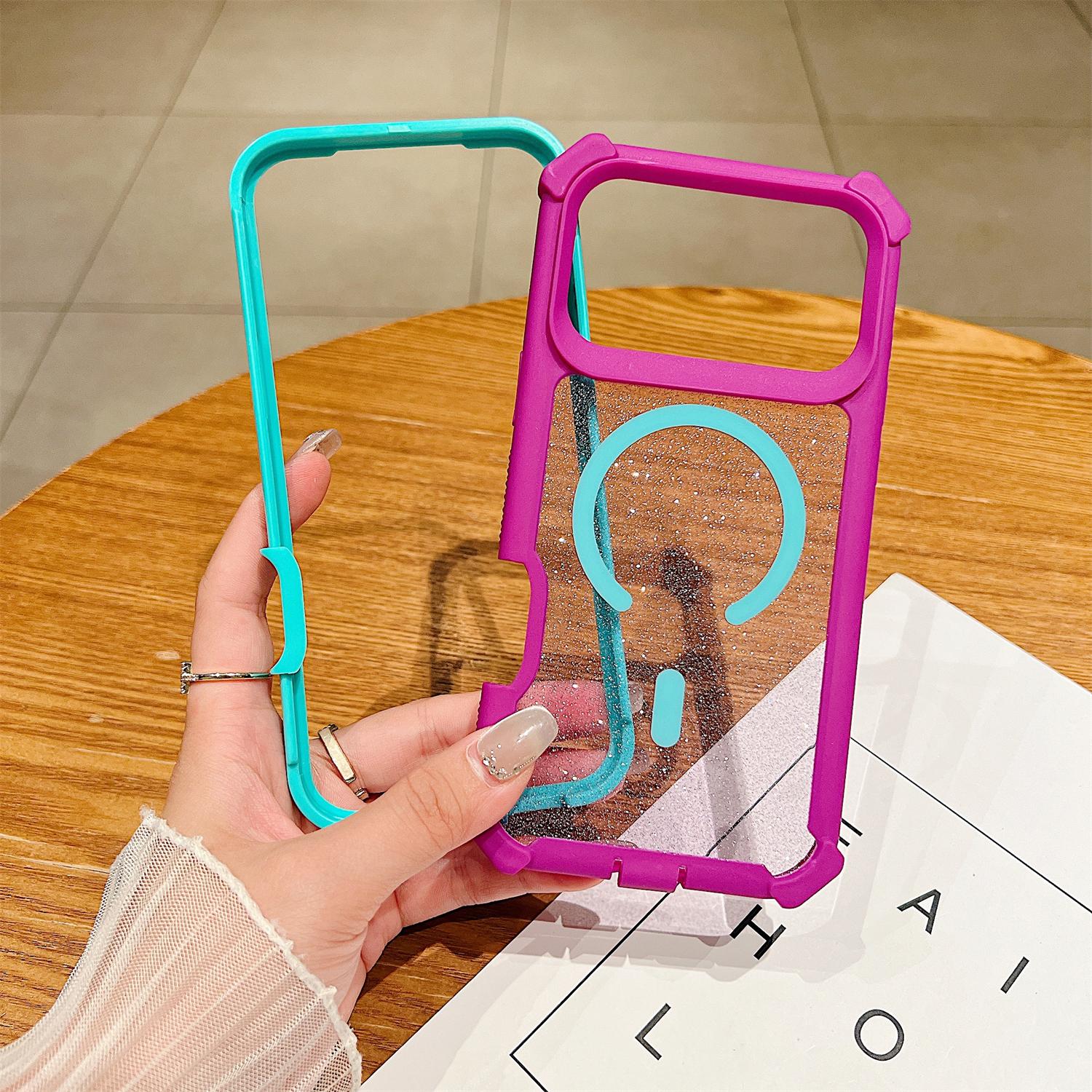 Magnetic Glitter Color 2-Layer Case for iPhone 17 Pro Max 16 15 14 13 Pro Max, Cute Sparkly Clear Phone Case for Women Girls, Compatible with MagSafe, Shockproof Drop Protection, Anti-Slip Bumper Cover