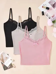 3pcs Women's Solid Color Lace Patchwork Bowknot Casual Blouse Set