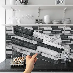 12 Pcs Peel & Stick Backsplash Wallpaper,PVC Dark Gray Irregular Wood Grain Hanging Decorative Tiles "4.72*9.69 inch" Self Adhesive Oil-Proof Stick On Wall Tiles For Kitchen Backspalsh Bathroom Wall