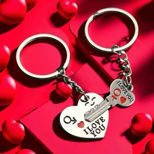 2pcs Couple I Love You Key & Lock Matching Keychain - Valentine's Day Car Accessories Bag Charm with Heart Design