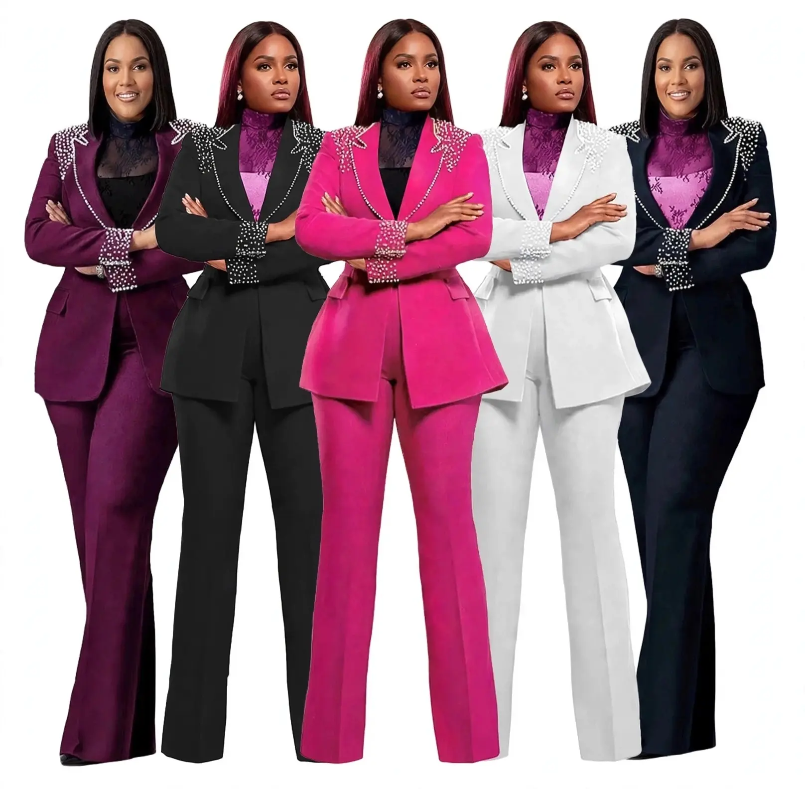 AURA VIDA PEARL COLLECTION - Luxury Elegant Suit   Handcrafted pearl details on blazer  Wide leg pants for elegant silhouette  5 Luxurious Colors: Burgundy, Black, Fuchsia, White, Navy Blue  Sizes: S, M, L, XL, XXL  Premium polyester - Comfortabl