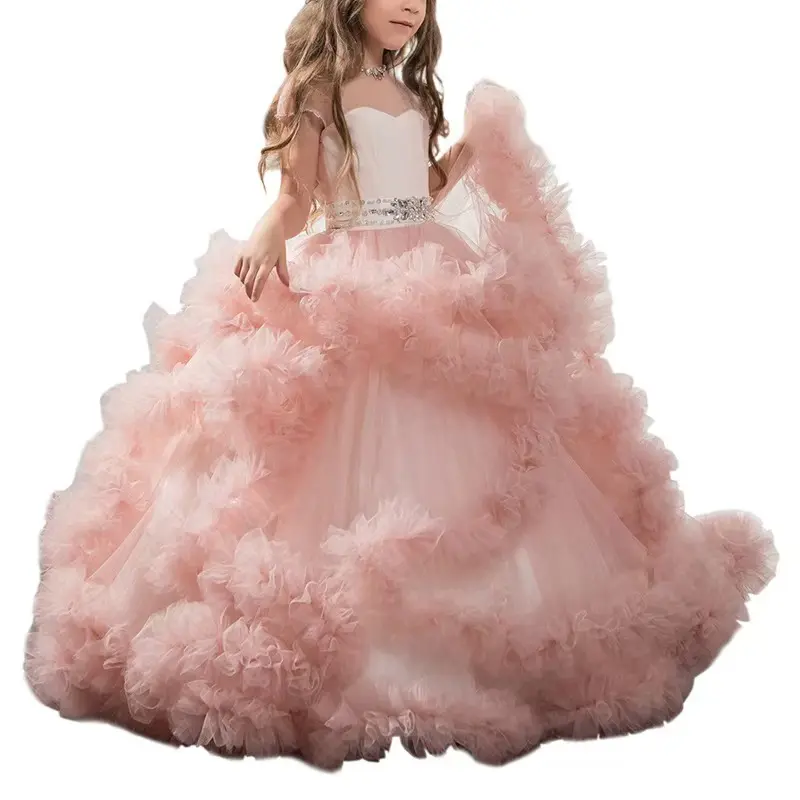 Girls' Plain Princess Party Dress with Long Sleeves and Puffy Skirt, All Seasons Polyester Tulle Gown for Weddings and Formal Events, Cute