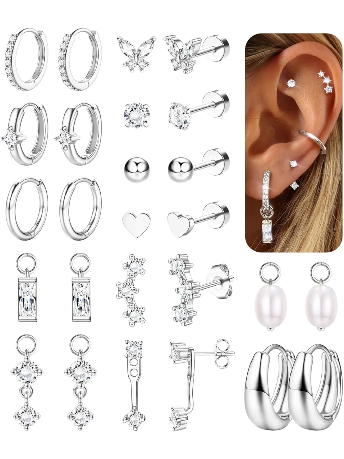 Gold Earrings for Women, Earrings Jewelry, Hypoallergenic Flat Back Earrings 316L Surgical Steel Gold/Silver Studs Cartilage Earring Stacking Set Small Huggie Hoop Helix Tragus Piercing Jewellery Lightweight Stackable Earrings