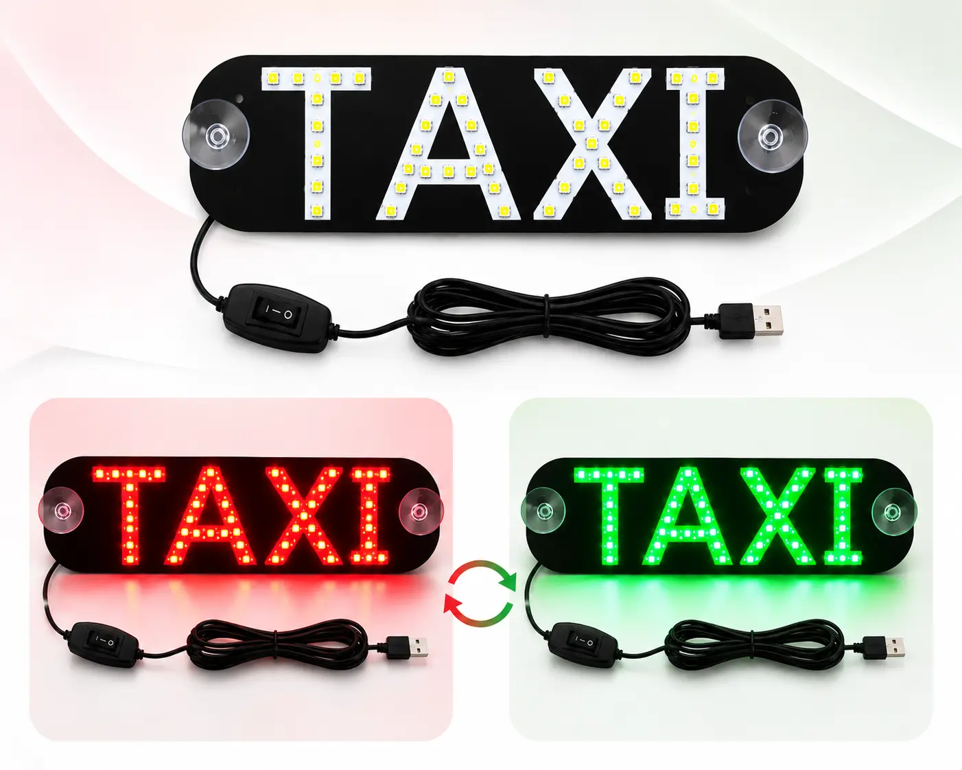 LED Taxi Light Sign with Suction Cups – Dual Color Changing Lights (Switch Control), USB Powered, On/Off Switch for Car Windshield