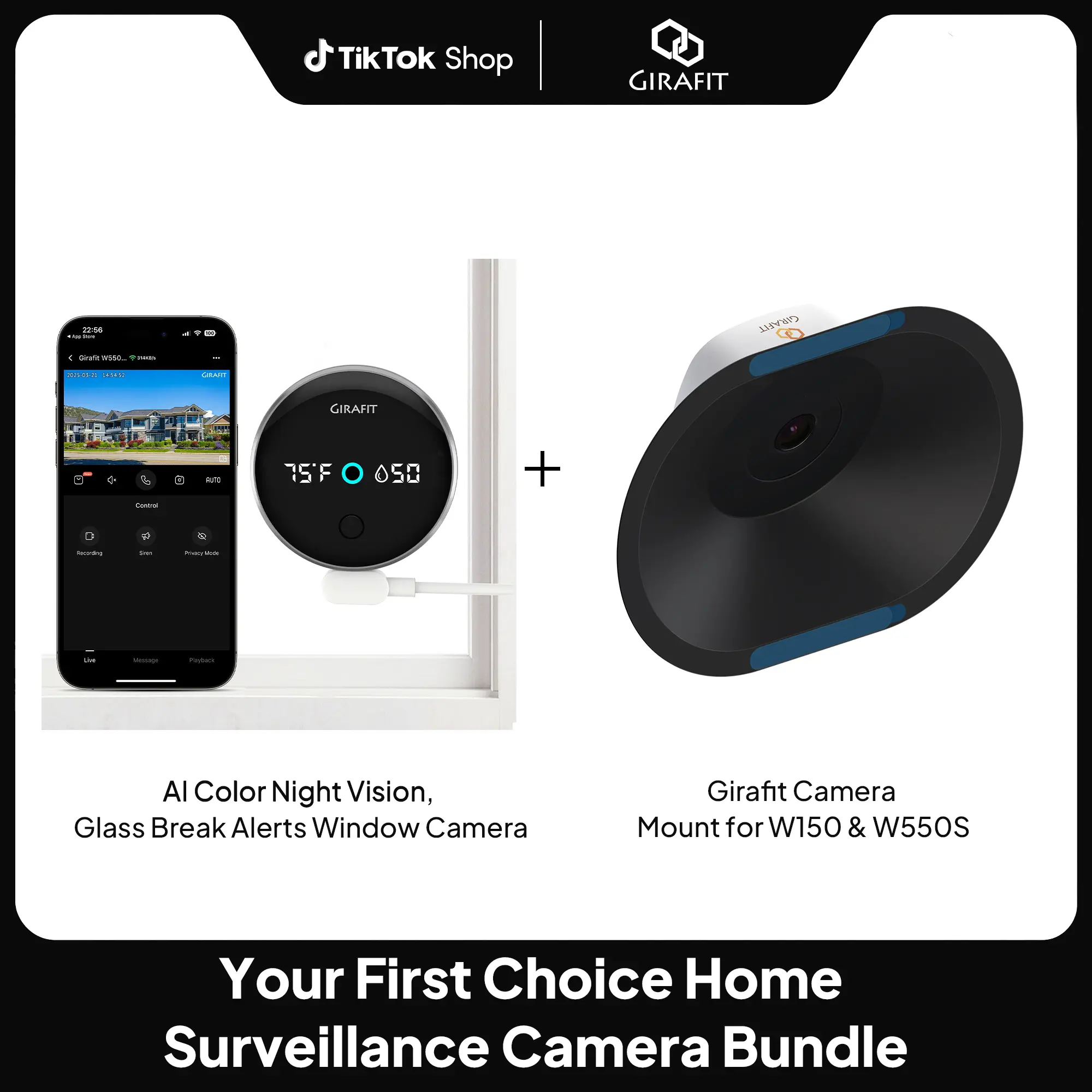 Girafit 5MP 3000P Window WiFi Security Camera - 2.4GHz & 5GHz Wireless, Motion Sensor, Thermometer, Hygrometer, ChroMax Al Color Day/Night Vision, Person Detection, 24/7 Recording, SD Card Compatible, Plus Window Camera Mount for W150, W550s