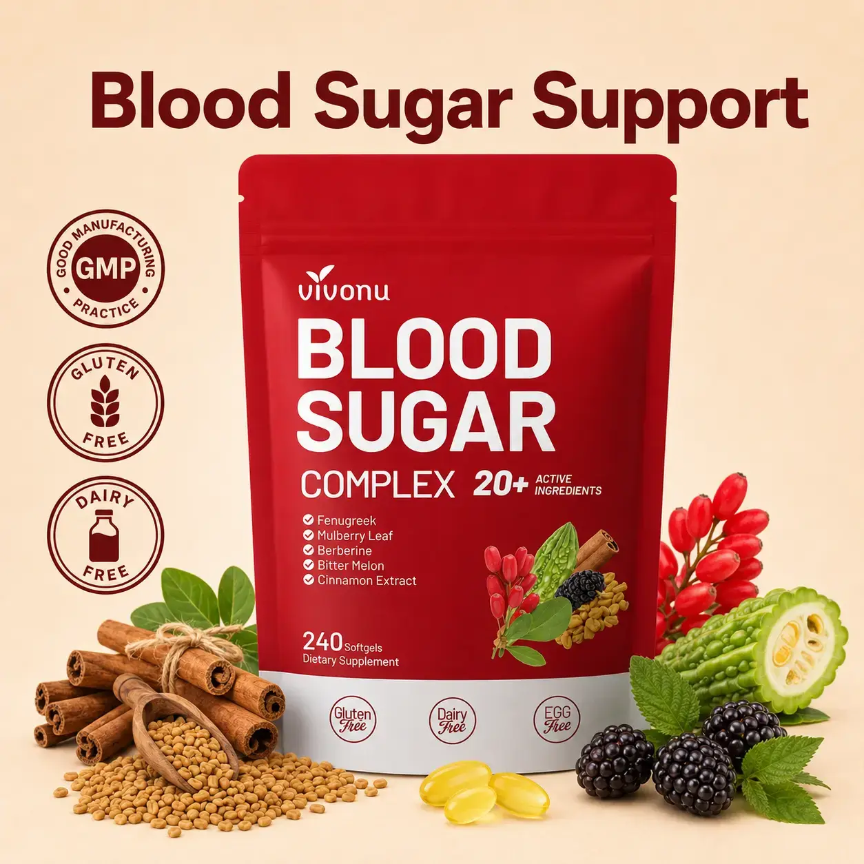 FINAL DEALVIVONU BLOOD SUGAR COMPLEX –Blood Sugar Balance | Antioxidant Support | Metabolic Support | Enhanced Absorption | Bitter Melon + Turmeric + Cinnamon + Mulberry Leaf + Berberine + Fenugreek | 240 Capsules per Bag