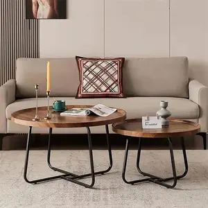 Round Nesting Coffee Table Set of 2, Round Coffee Table with Non Slip Feet, Fluted Design & Walnut Grain Top, Nesting End Tables for Living Room, Office, 28 ×18in & 20 ×15in