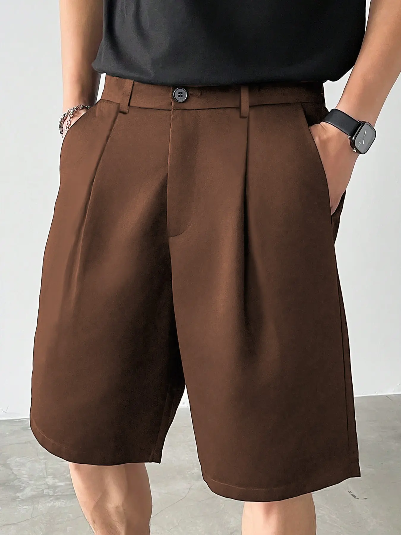 Men's Casual Sports Shorts Pants, 9 Inch Inseam, Elastic Waist, Pleated Design, Lightweight Summer Wear, Fitted H-Type Style, Lightweight Athletic Shorts, Elastic Waistband Shorts