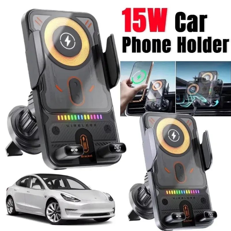 15W Quick Universal Wireless Smartphone Charger - Auto-Sense Telescopic, 360° Rotating, Ambient Light-Equipped Car Phone Mount, Car Accessory for iPhone & Most Mobile Phones, Quick Charger