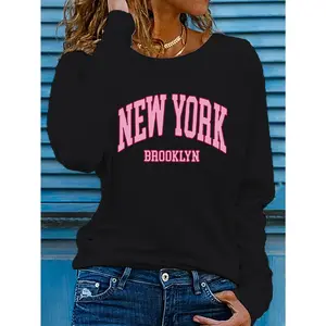 Women's Long-sleeve TopWomen's Casual Long Sleeve Round Neck T-Shirt - New York Brooklyn Pattern Print, White with Pink Letters, Machine Washable Regular Fit Spring and Autumn Comfortable Top, Daily Loose Style Shirt, Upgraded Thickened Long Sleeve, Upgra
