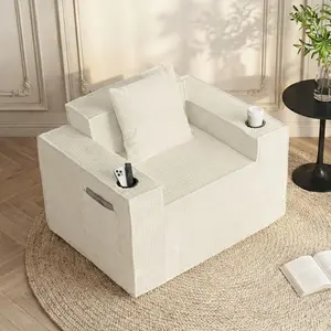 41.5"Boneless Chair, White Single sofa, Corduroy Cloud Sofa, cloud chair for Living Room, 2 Cup Holders, 2 Storage Pockets, No Assembly Required