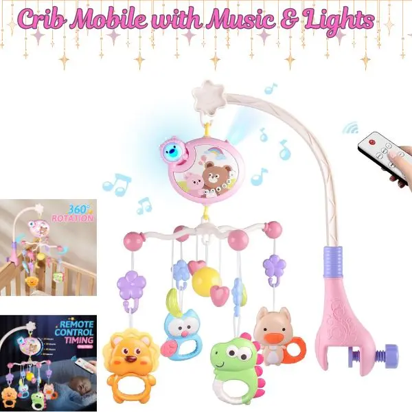 Musical Crib Mobile with Lights and Hanging Animals, Modern BPA-Free Plastic Design with Universal Clip-On Arm for Cribs & Bassinets, Soothing Unisex Nursery Toy for Baby 0-3 Years