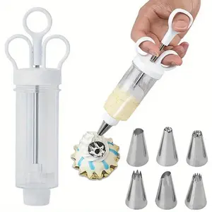 Icing Squeezing Set Cake Decoration Gun with 6 Stainless Steel Squeezing Mouths Cake Decoration Tool Used for Decorating Cake Icing Frosting and Making Pastry Cookies Kitchen Baking Small Tool