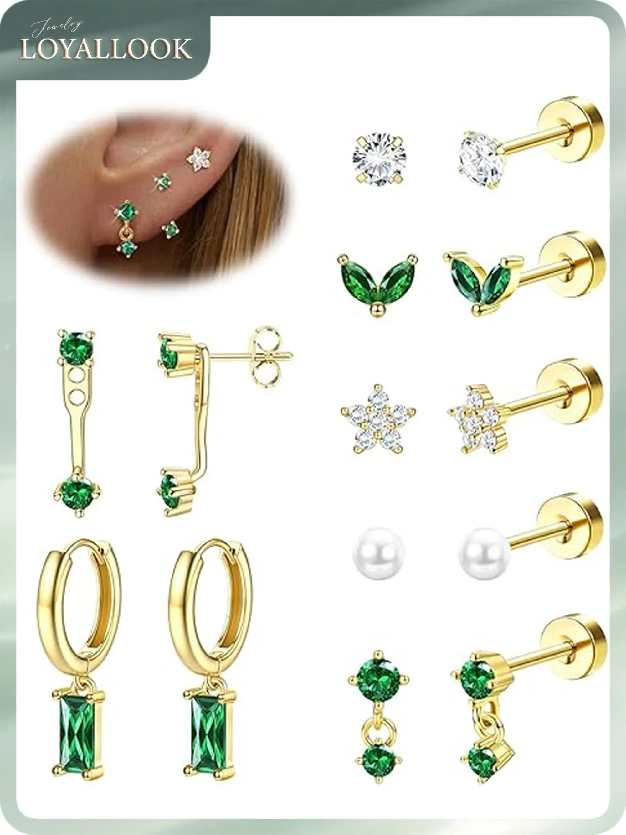 LOYALLOOK Hypoallergenic Flat Back Earrings for Women 14K Gold Plated Surgical Stainless Steel Earrings for Sensitive Ears Flatback Stud Earrings Stud Hoop Cartilage Earring Set for Multiple Piercing