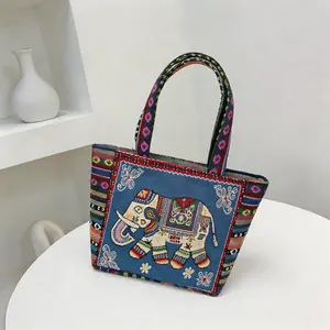 Ethnic flower elephant tote bag, Bohemian woven canvas shoulder bag, women's cute casual handbag, woven jacquard embroidered handbag, multiple styles to choose from