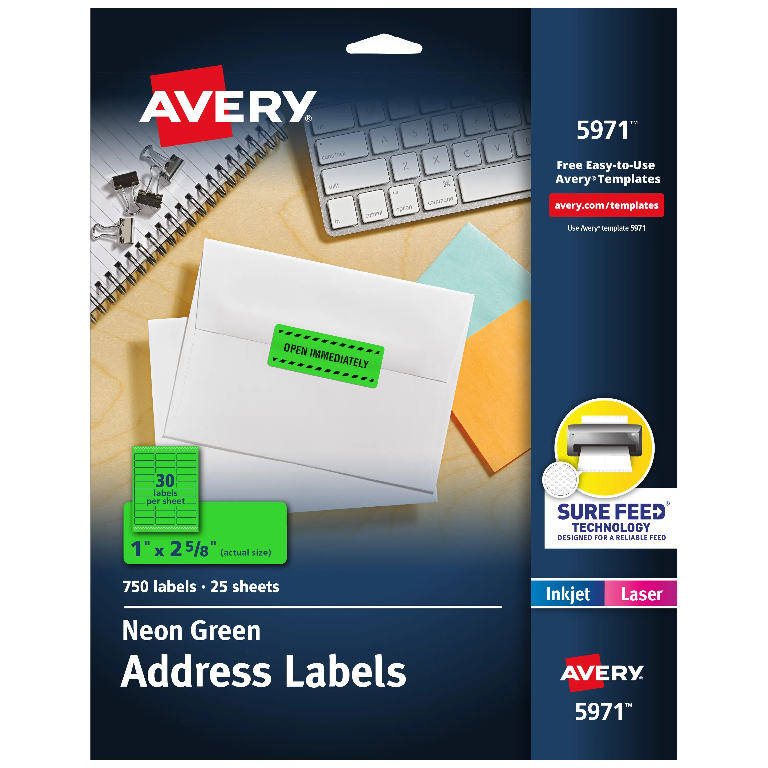Avery Sure Feed Printable Address Label Set, 1"x2-5/8" Neon Green, Laser & Inkjet Compatible, 750 Blank Labels (5971) for Branding, Mailing