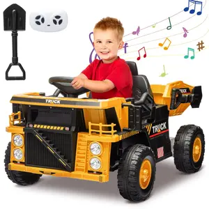 【GARVEE】12V Ride On Dump Truck Electric Vehicle with Remote Control, Dump Bed, Shovel, Music Player, and Adjustable Speeds - Yellow Construction Toy for Youngsters