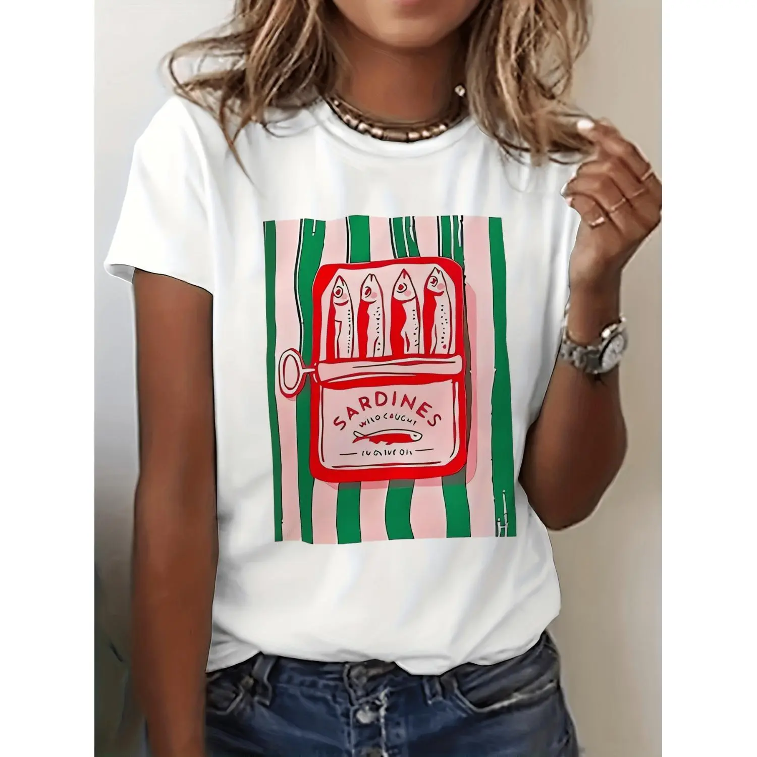 Women's Essential Soft Graphic Short-Sleeve Round Neck T-Shirt - Sardine Can Art Print (Non-Fish Design), Machine Washable, Comfortable Fit for Beach, Sports Wear | Women's Clothes, Shortsleeve, Tshirt, Casual, Retro, Top, Soft Fabric, Day