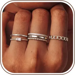 6PCS Stackable Rings for Women Non Tarnish Waterproof Gold Plated Silver Color Square Cubic Zirconia Ring Set Dainty Stacking Rings Trendy Thin Thumb Band Statement Ring Stack Size 5-11