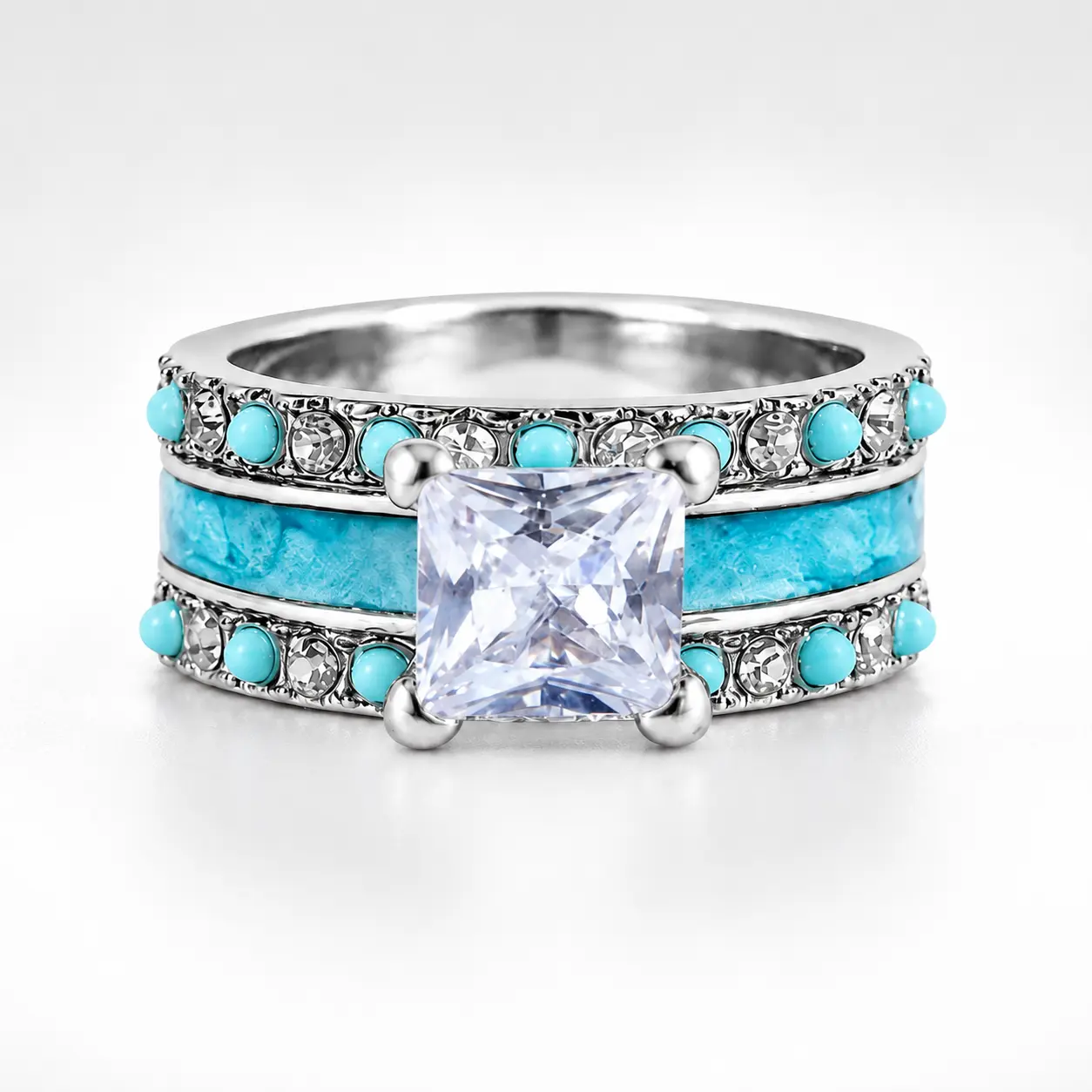 Women's 3-in-1 Alloy Stacked Costume Jewelry Rings - Turquoise Inlay Casual Fashion Set, Ideal Wedding & Engagement Gift for Partner, Turquoise Jewelry