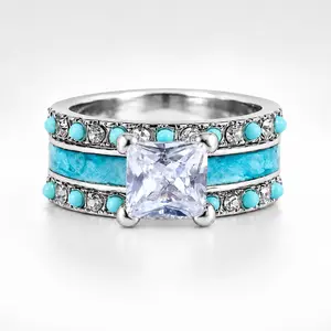 Women's 3-in-1 Alloy Stacked Costume Jewelry Rings - Turquoise Inlay Casual Fashion Set, Ideal Wedding & Engagement Gift for Partner, Turquoise Jewelry