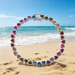 925 Sterling Silver Tennis Bracelet for Women, Colorful Zircon Heart Shape Rainbow CZ Inlaid Jewelry